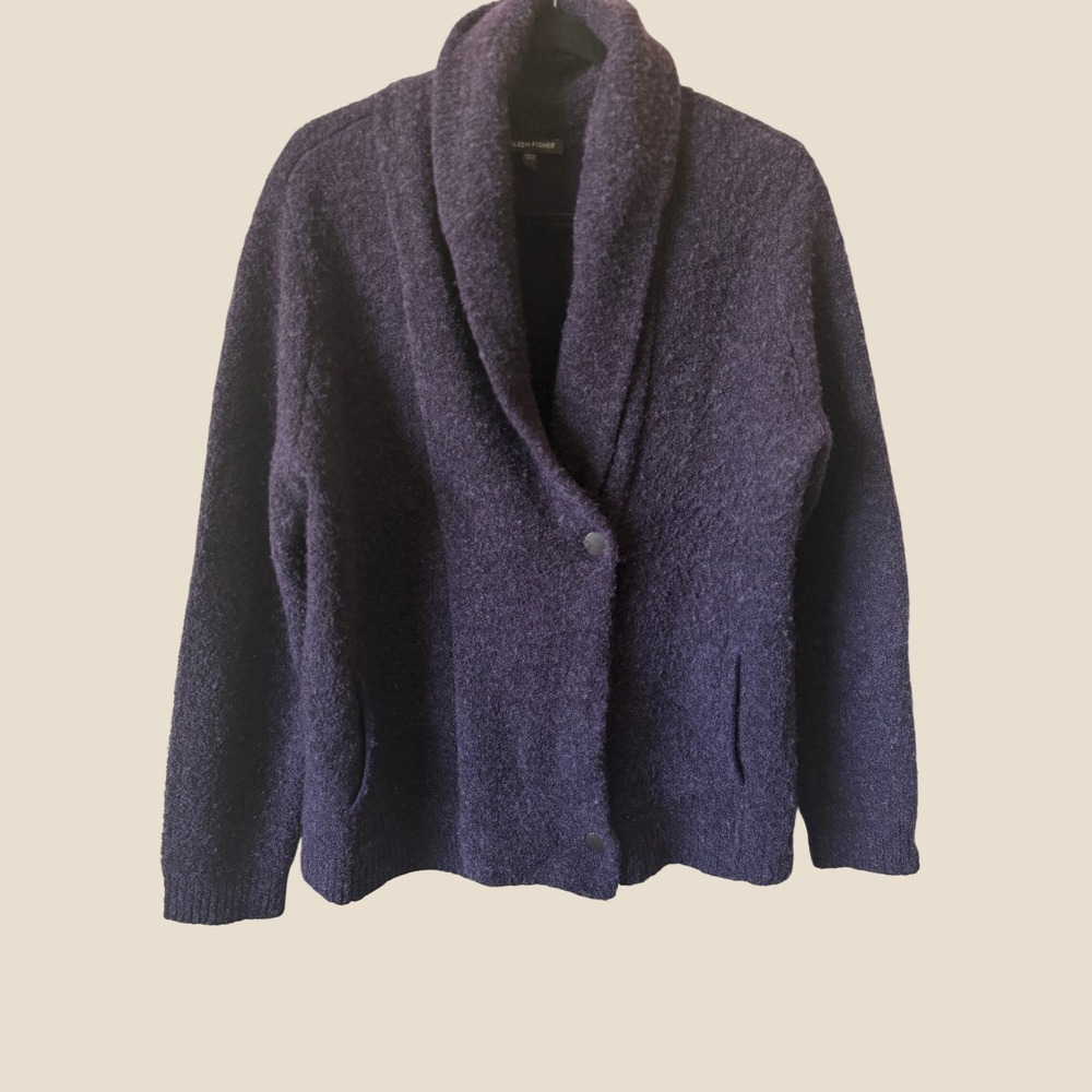 Eileen Fisher Purple Wool Blend Shawl Collar Snap Cardigan Sweater Large L
